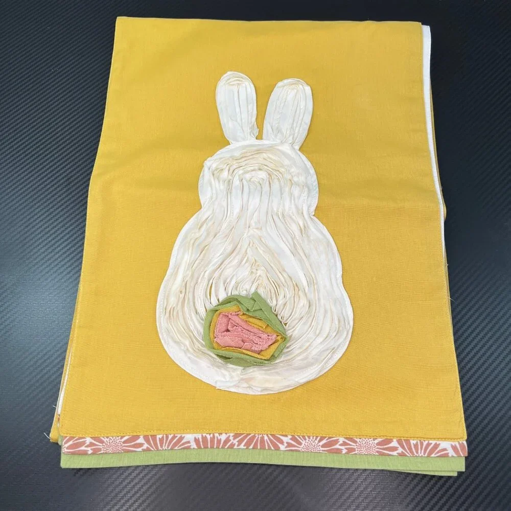 Pier 1 Yellow Easter Table Runner Rabbit Pink Flower 74”x 13”